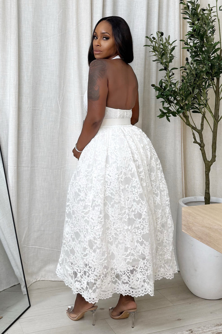 Touch Of Roses Halter Midi Dress (White)