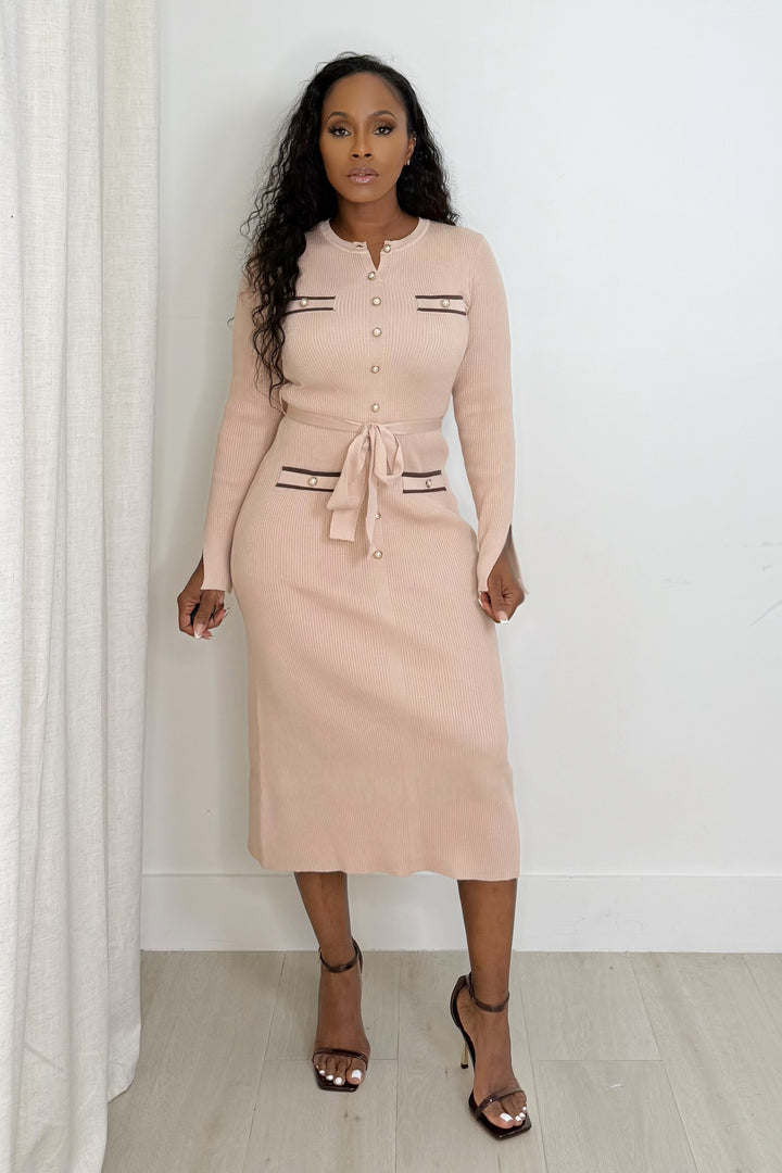 The knit tie waist dress(Nude)