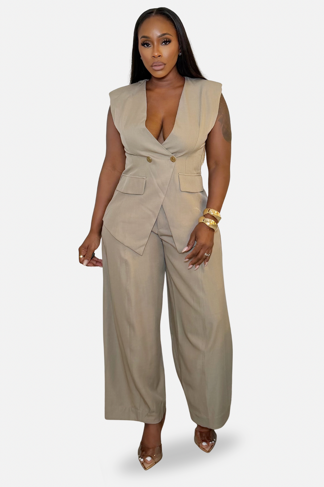 The Monroe Vest &amp; Wide Leg Pants Set [Taupe]