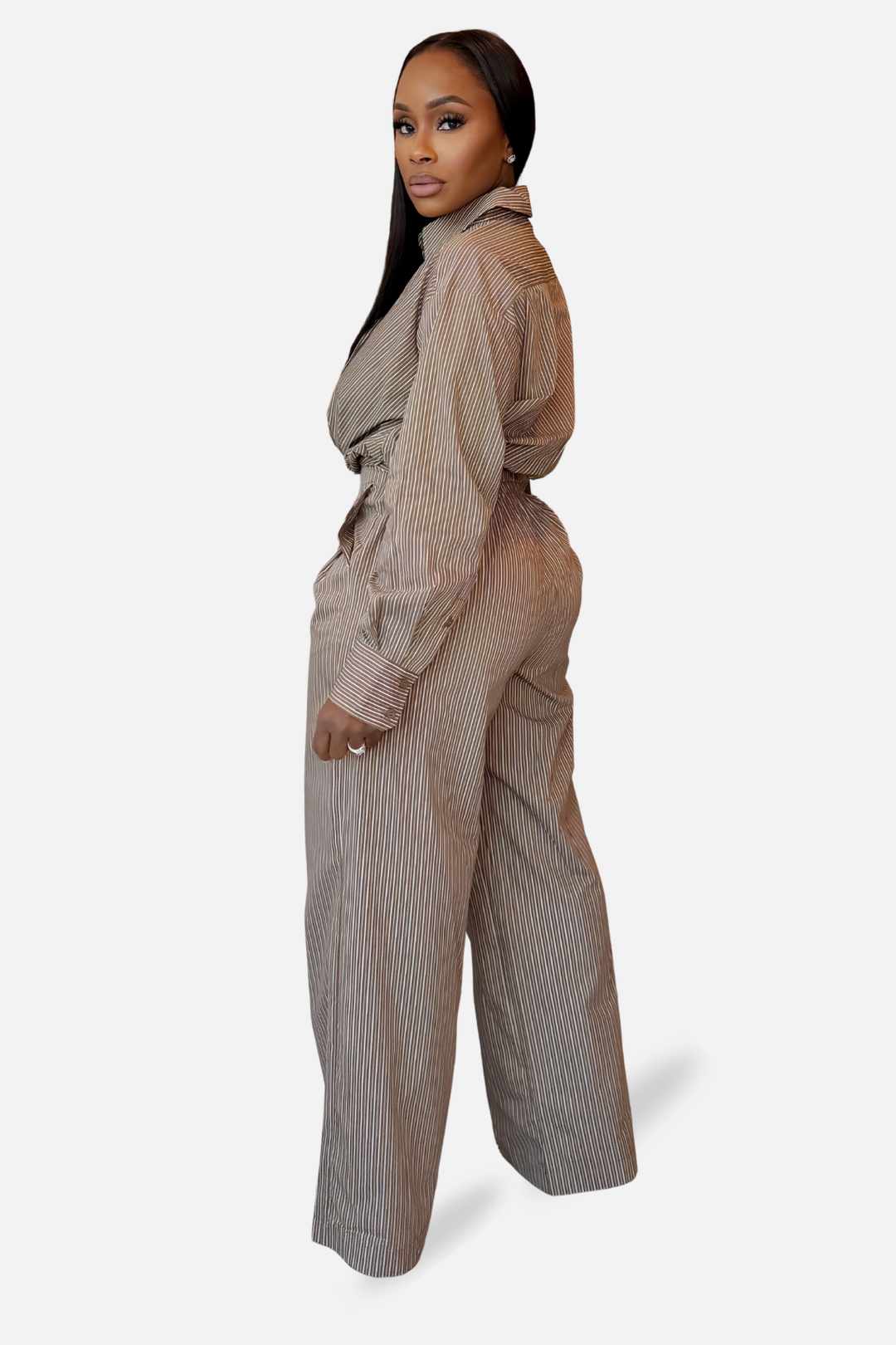 The Madison Pinstripe Twist Two Piece Set [Brown/Cream]