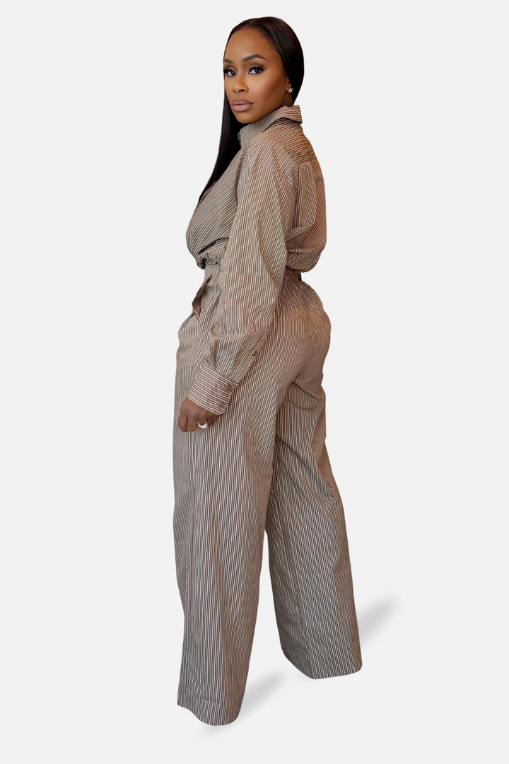 The Madison Pinstripe Twist Two Piece Set [Brown/Cream]