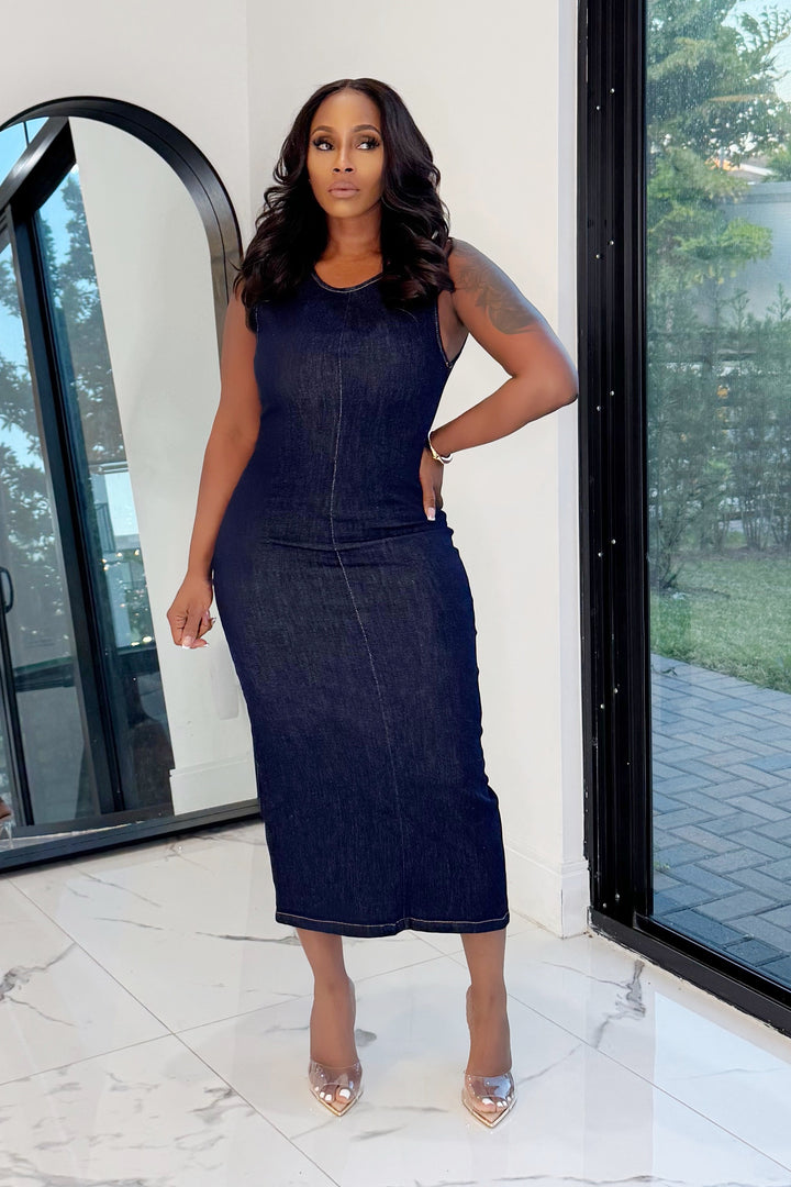 Too Chic Back Out Midi Dress (Denim)