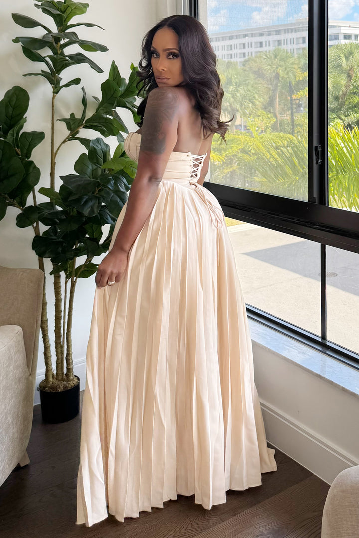 Meet Me In Paris Bustier Pleated Dress (Almond)
