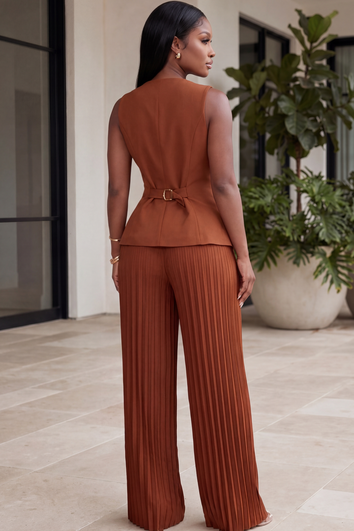 The Sienna Tailored Plissé Pleated Pants Set [Rust]