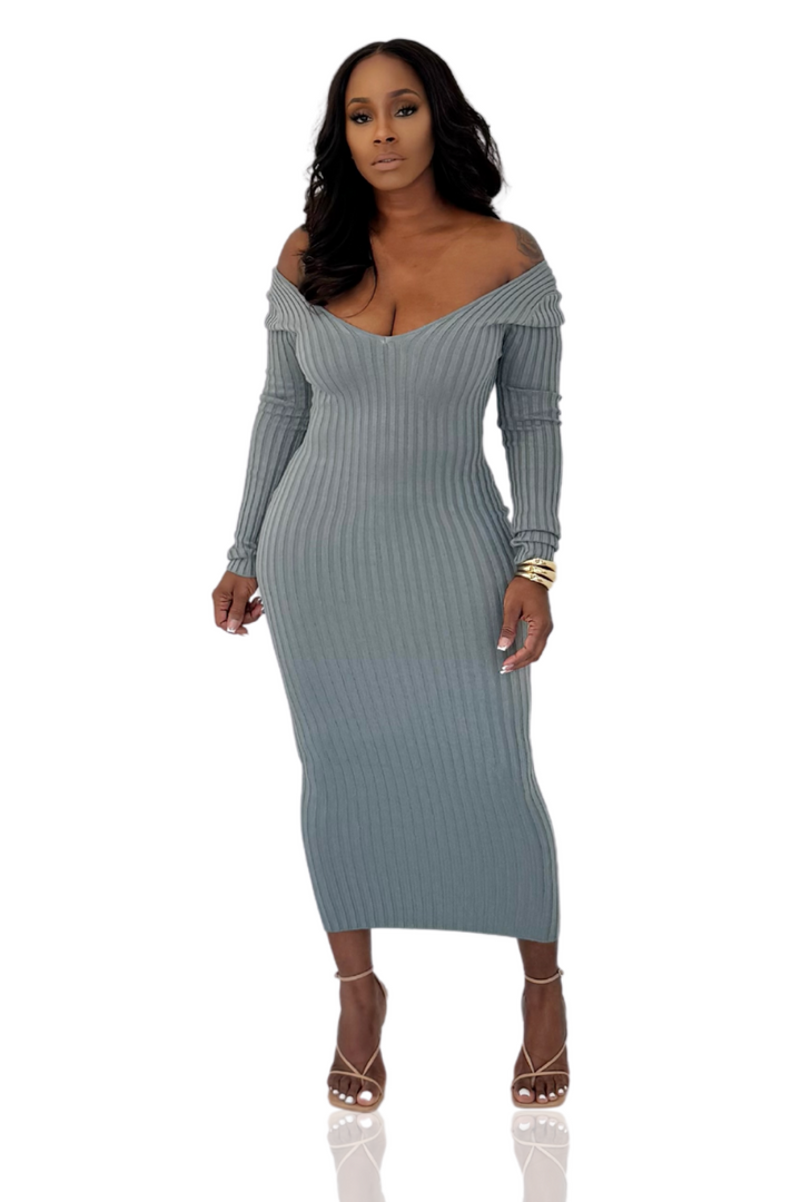 Ribbed Long Sleeve Midi Dress (Sage)