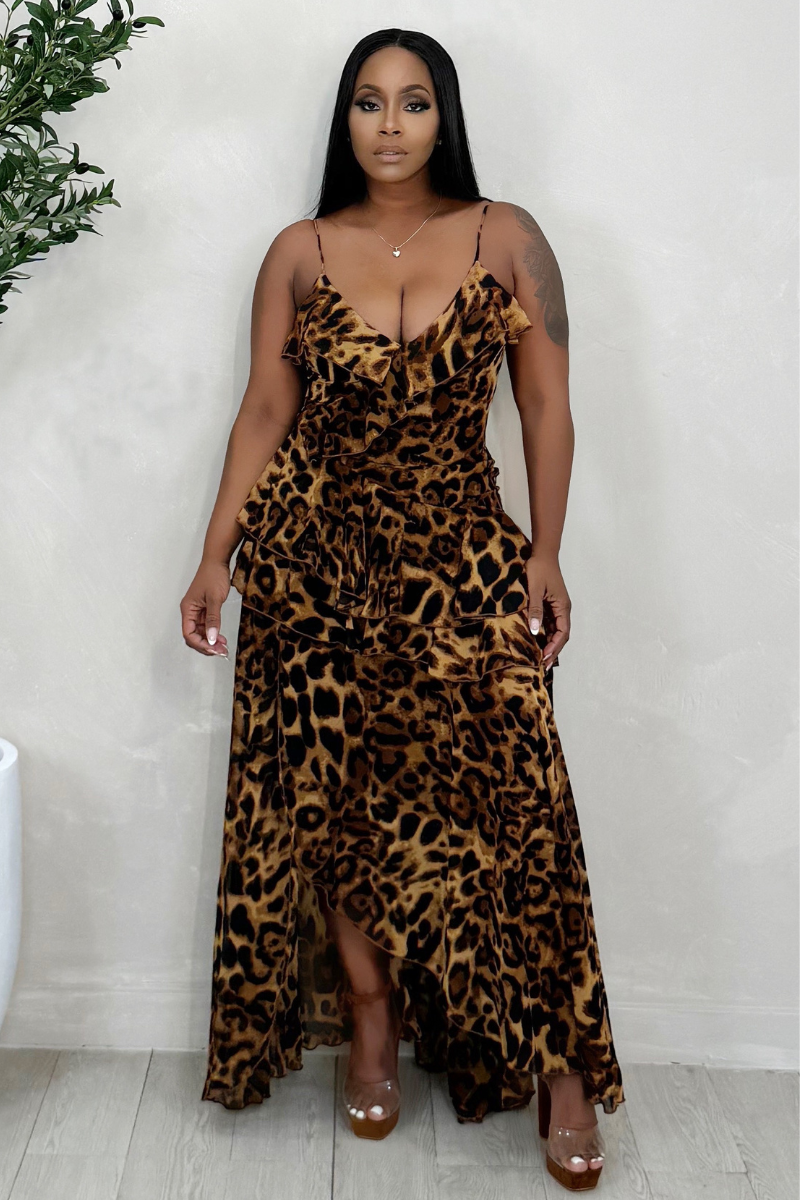 On The Wild Side Slit Ruffle Maxi Dress (Leopard)