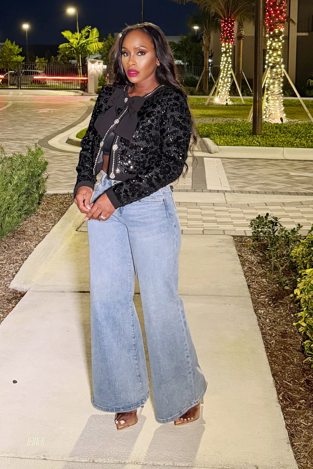 Sequin Tweed Bow Trim Crop Jacket