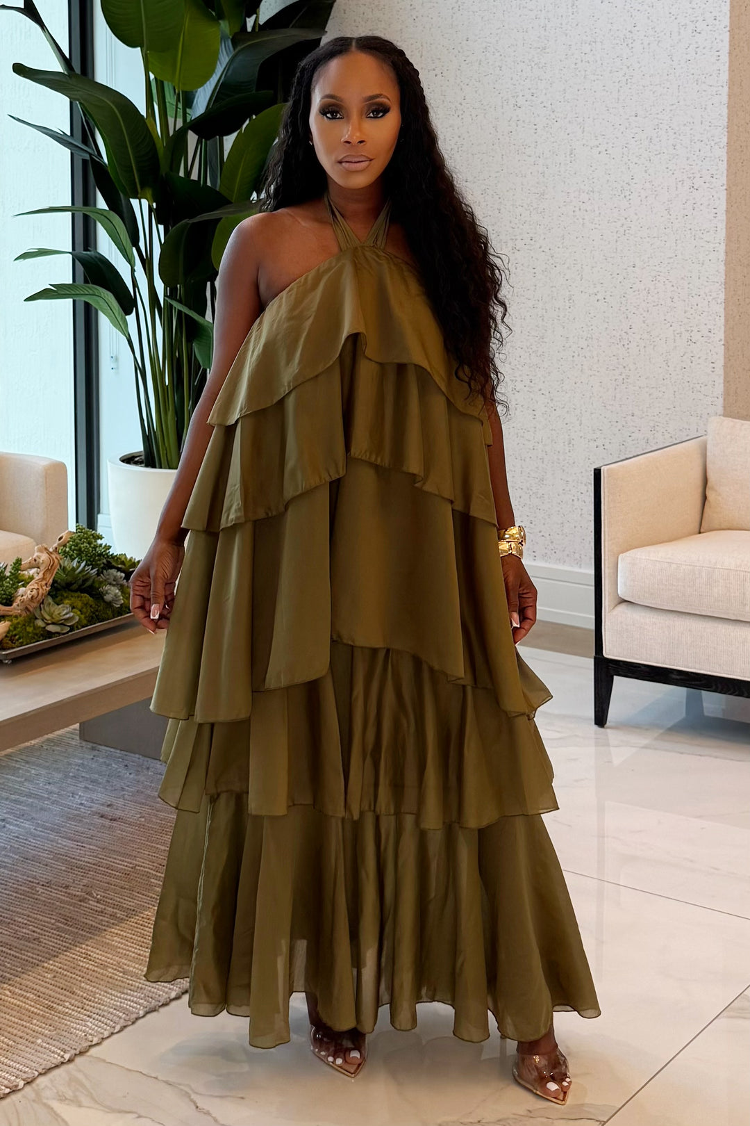 Layered Luxe halter neck maxi