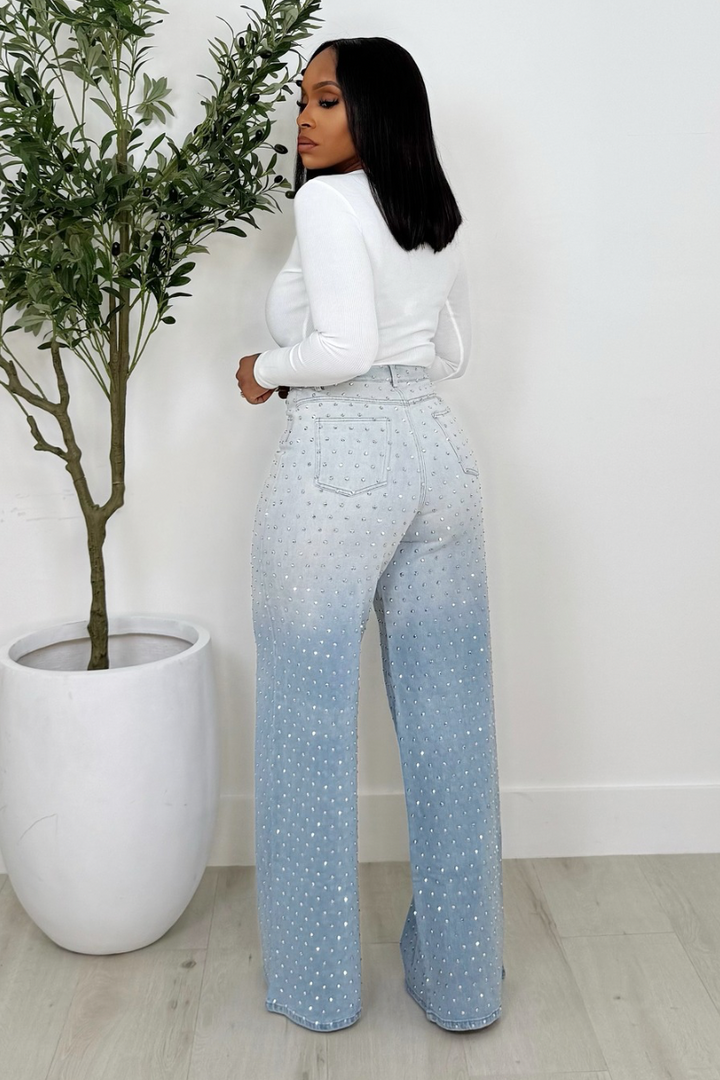 Studded Gems High Waist Denim (Light Wash)