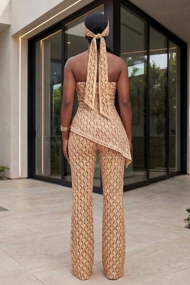Golden Aura Strapless Pant & Hair scarf set [Textured Camel]
