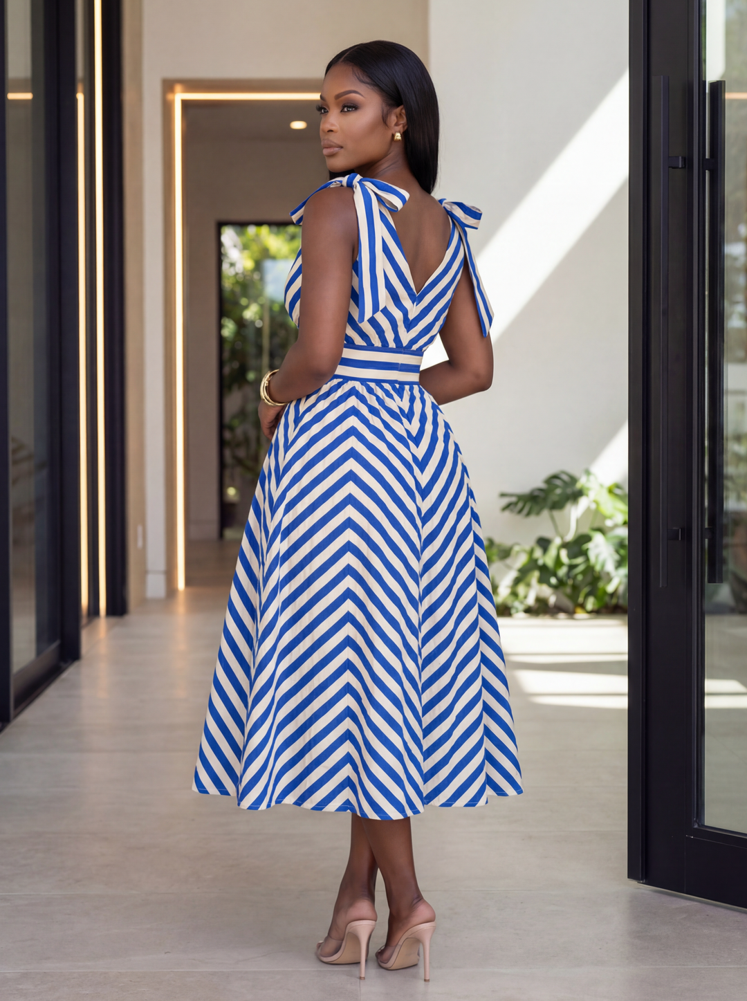 Coastal Ribbon Midi Dress [Blue Stripe]