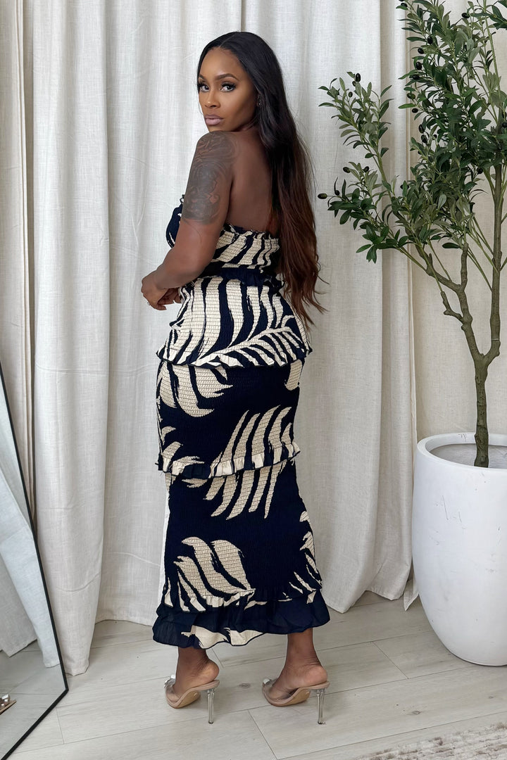 Midnight In Spring Palm Ruched Dress (Navy & Ivory)
