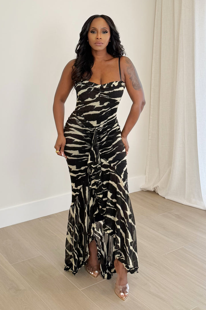 Mesh With It Ruffle Maxi Dress (Black & Ivory)