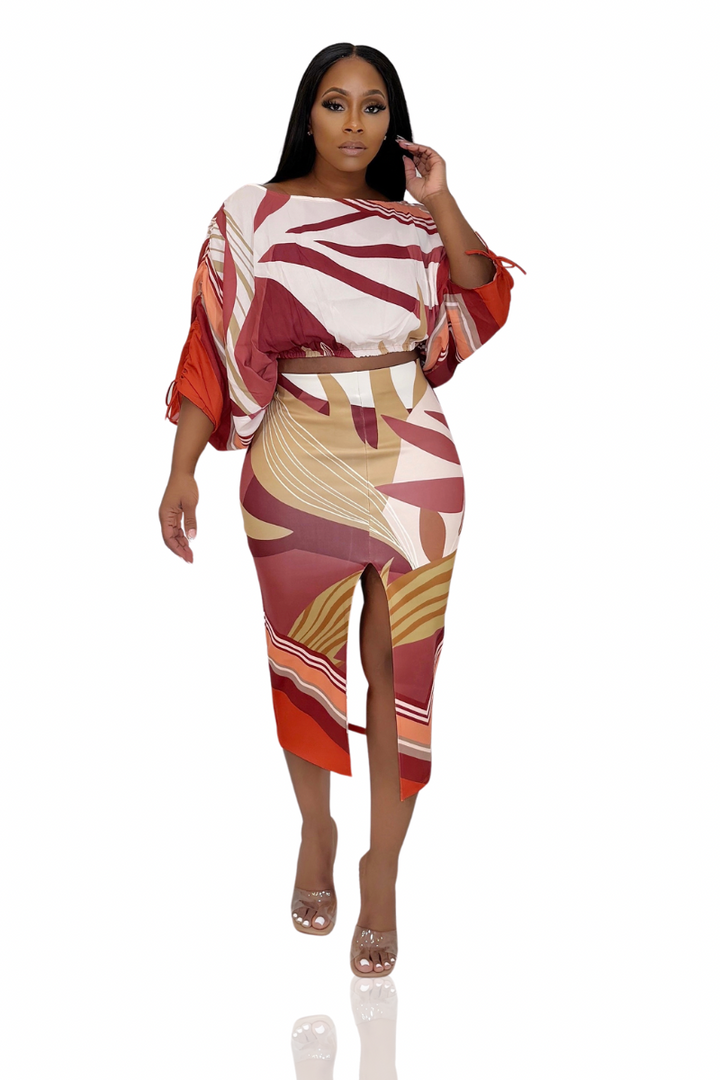 Fall Feels Abstract Print Skirt Set (Red Multi)