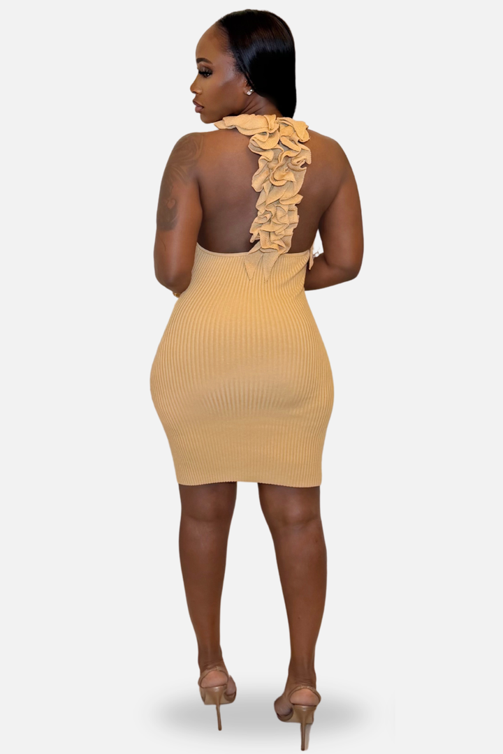 The Amara Ruffle Halter Knit Mini Dress Camel