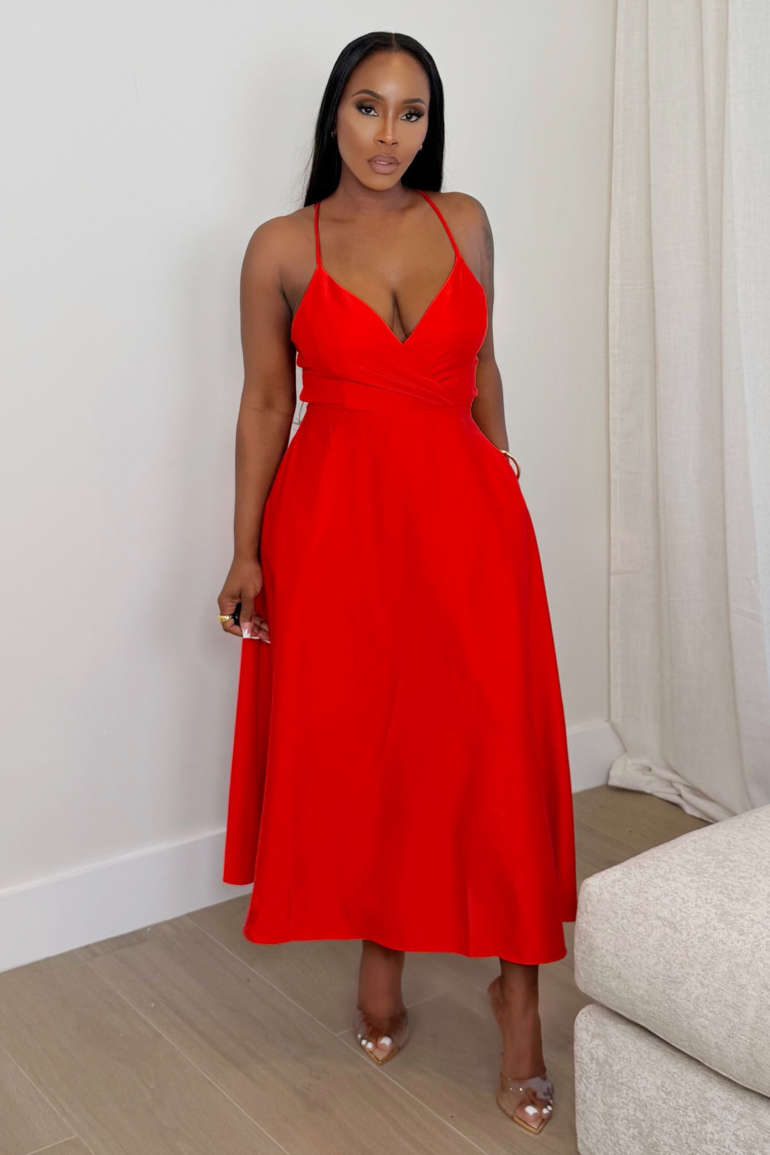 crimson midi dress Miss Circle Xavy Crimson Off-Shoulder Corset Midi Dress XXS
