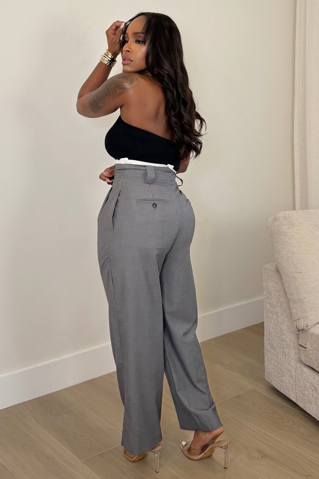 Mid-Rise Pin-Tuck Waist Contrast Suit Pants [Grey]