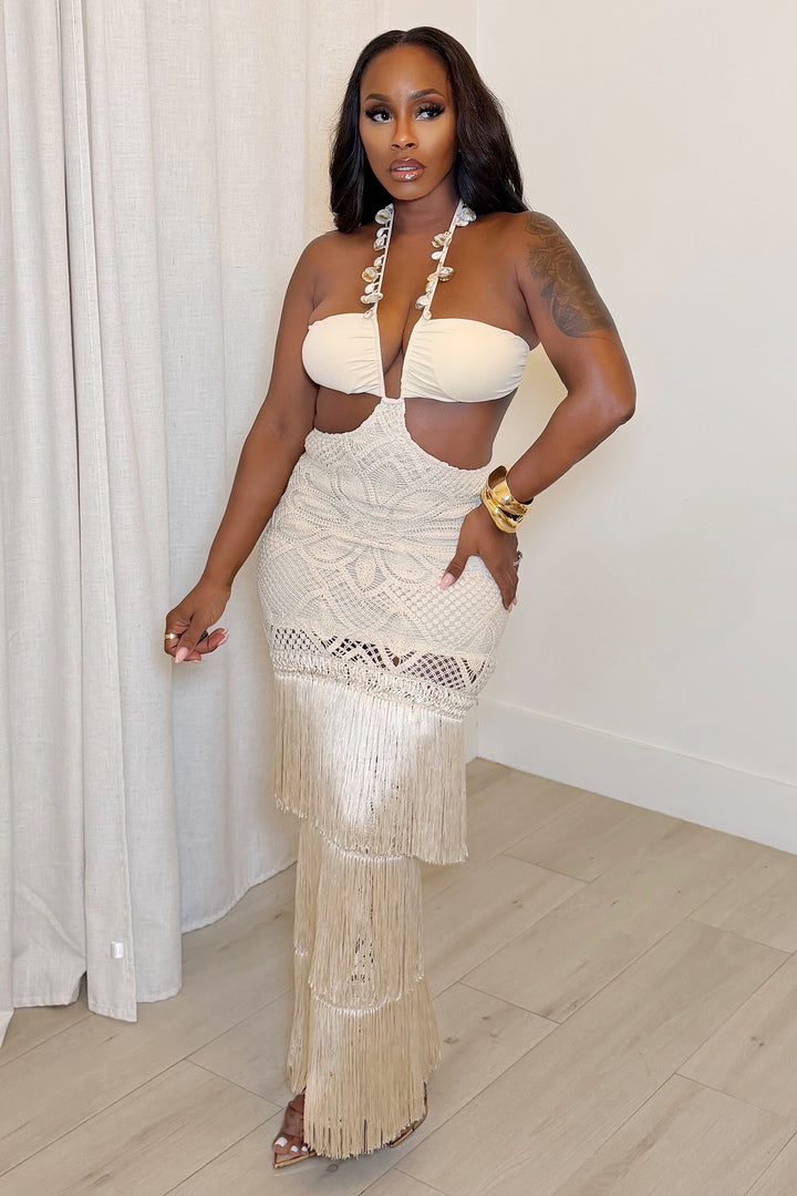 The Coastal Fringe Crochet Dress [Natural]