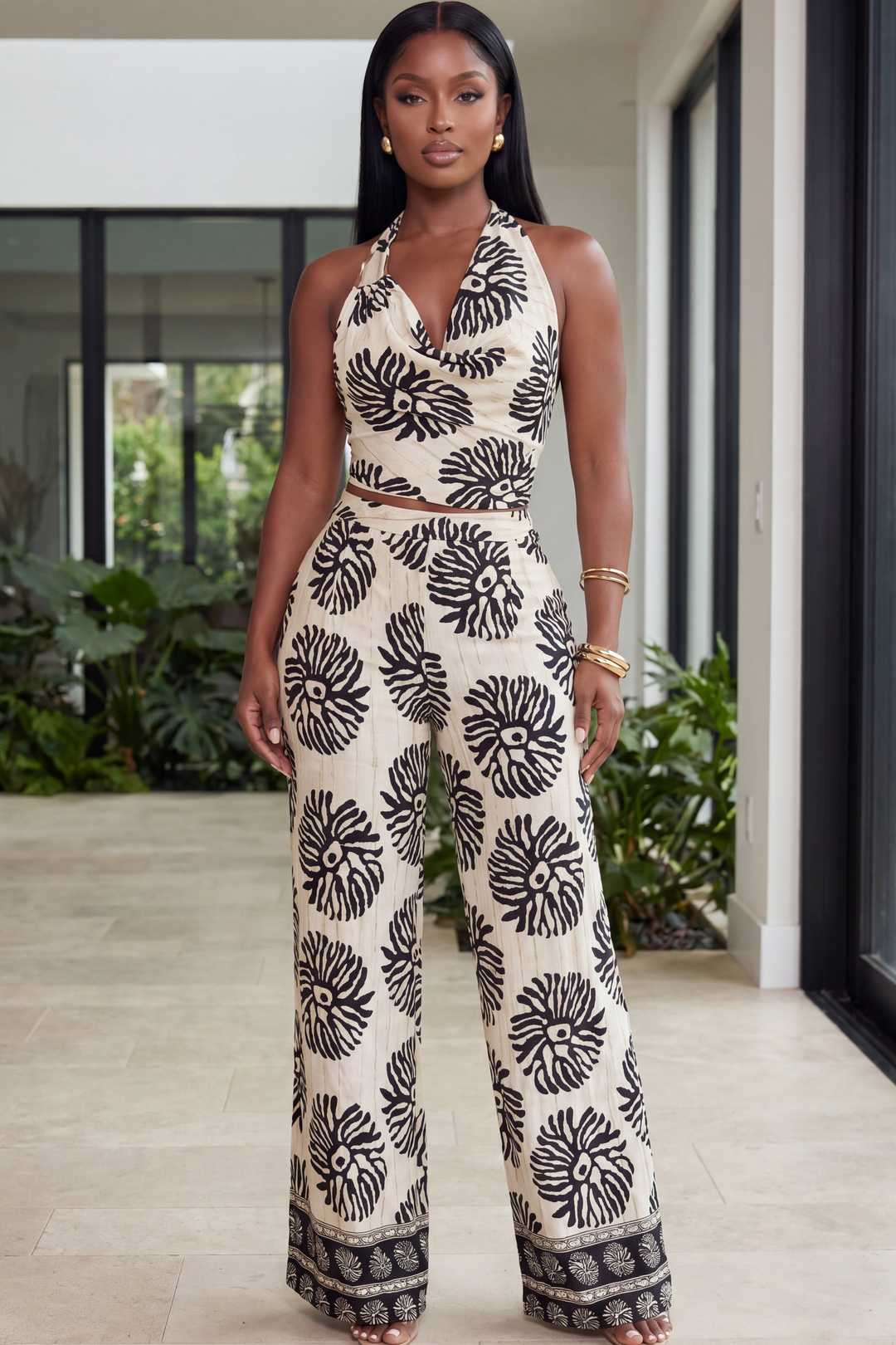 The Monochrome Muse Halter Pants Set [Beige/Black]