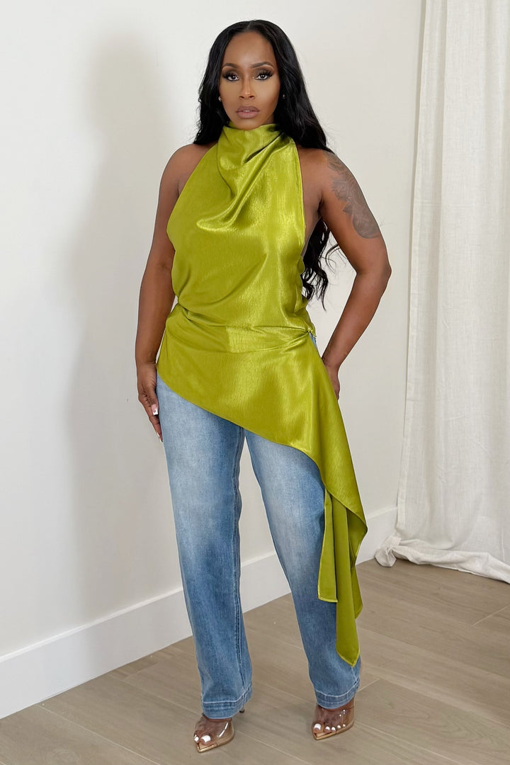 Asymmetrical Luxe Satin Top – Lime
