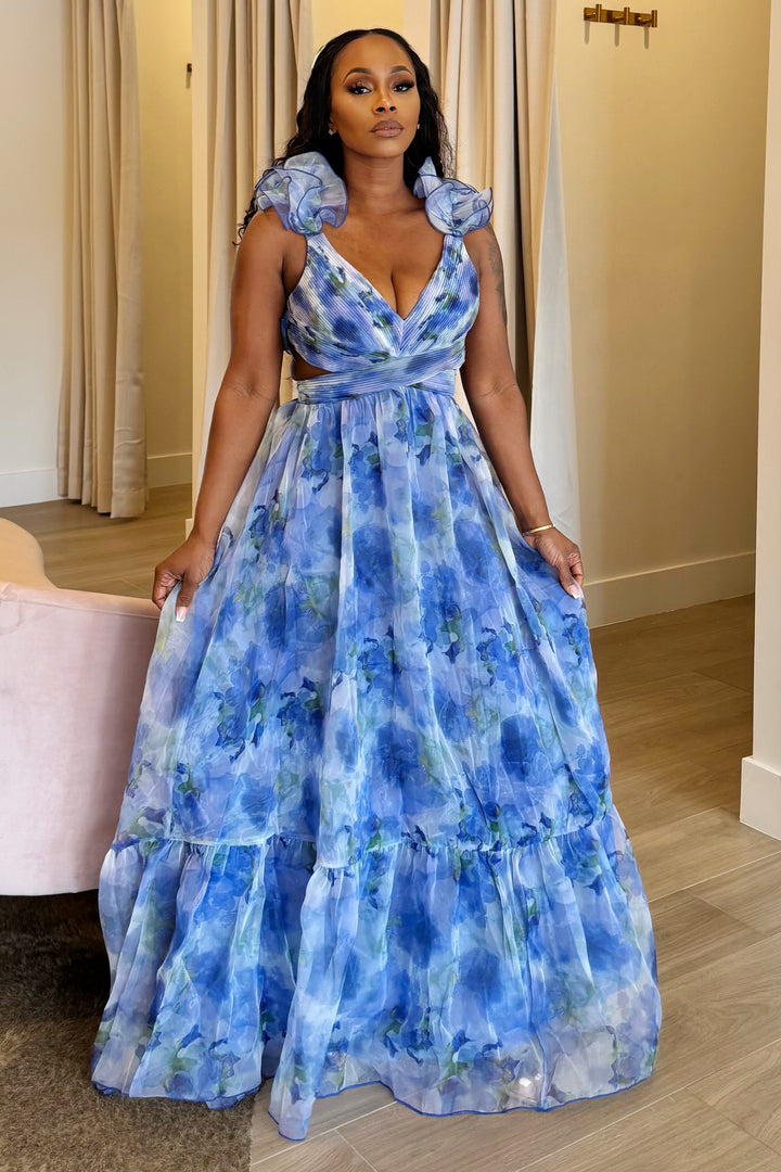 FLUER RUFFLE TIERED GOWN (Blue multi)