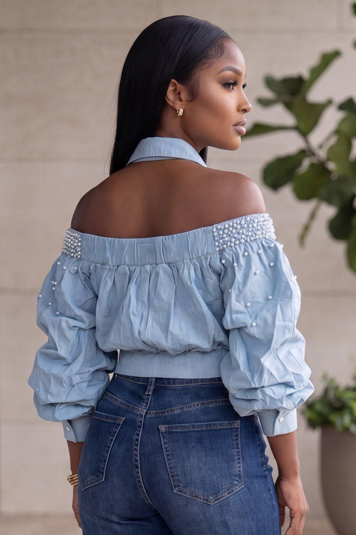 The Isadora Pearl-Encrusted  Top [Blue]
