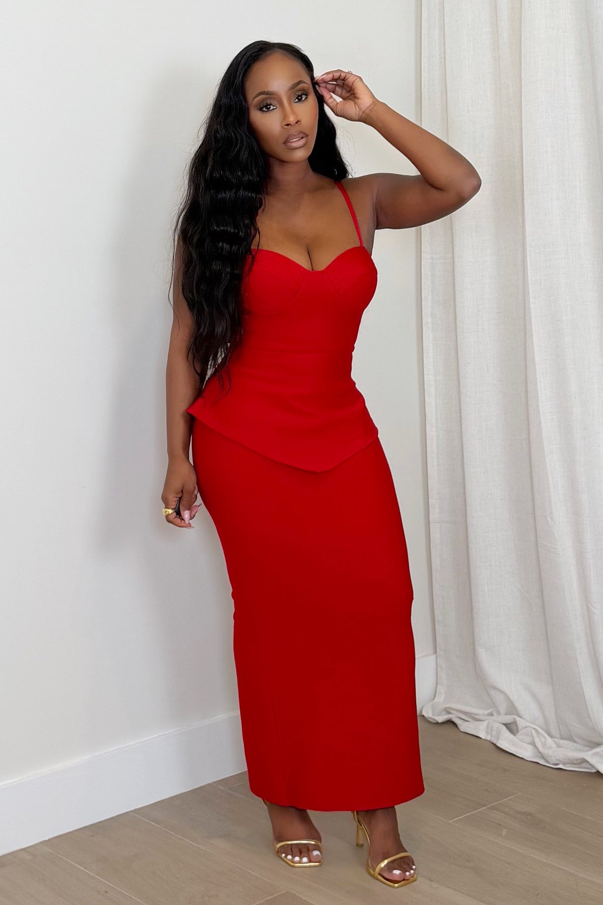 red peplum midi dress Karen Millen Double Cloth Printed Bandeau Peplum Midi Dress in Red