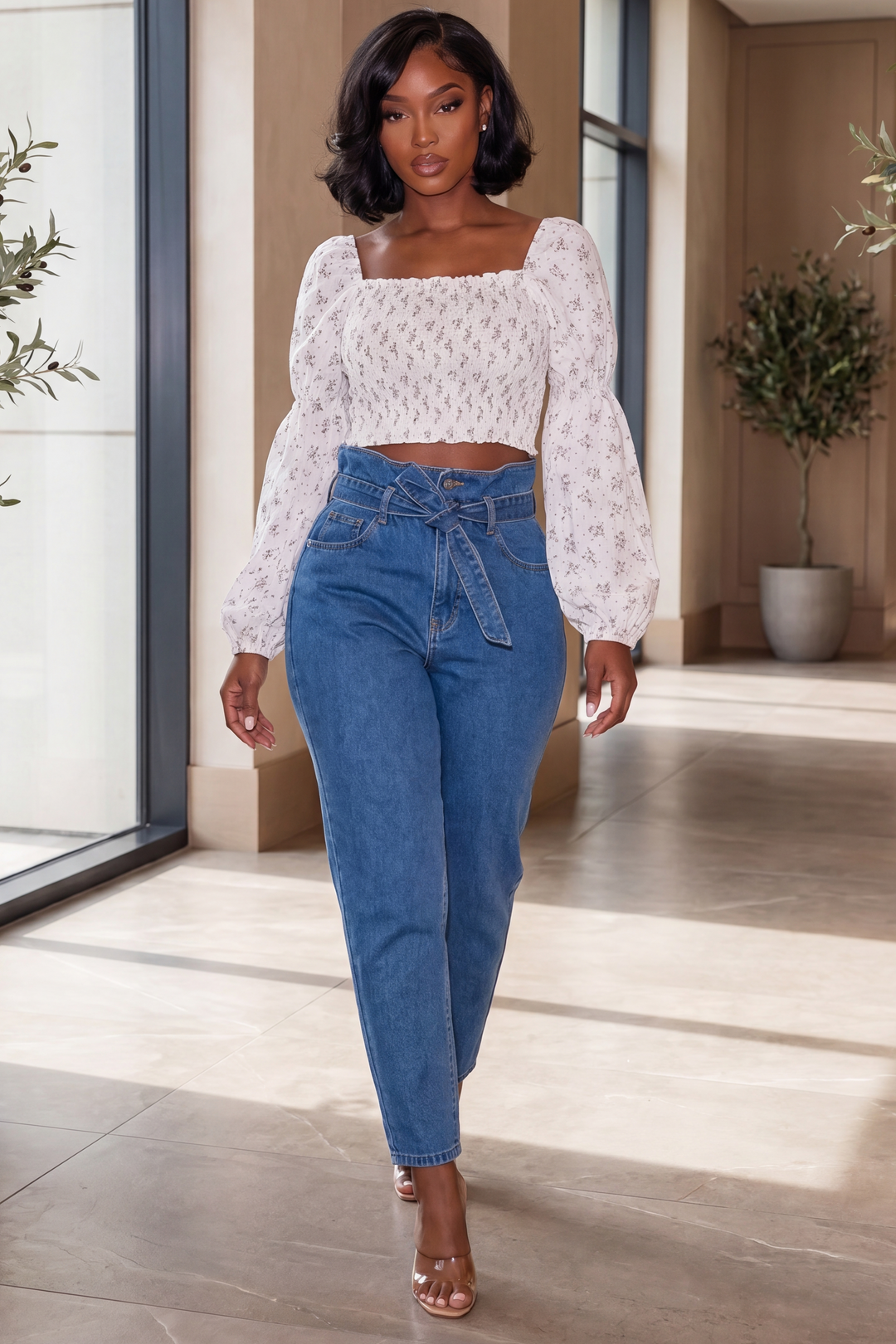 High waist belted denim