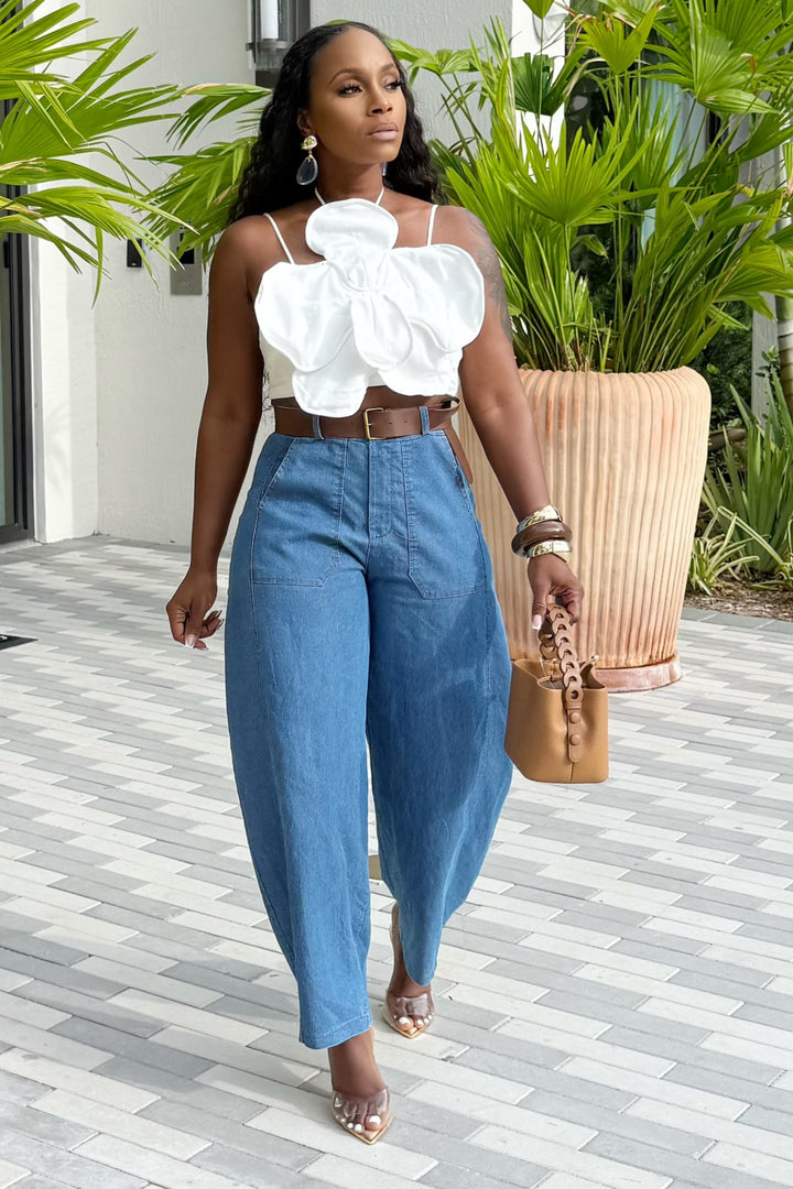 High waist belted barrel denim