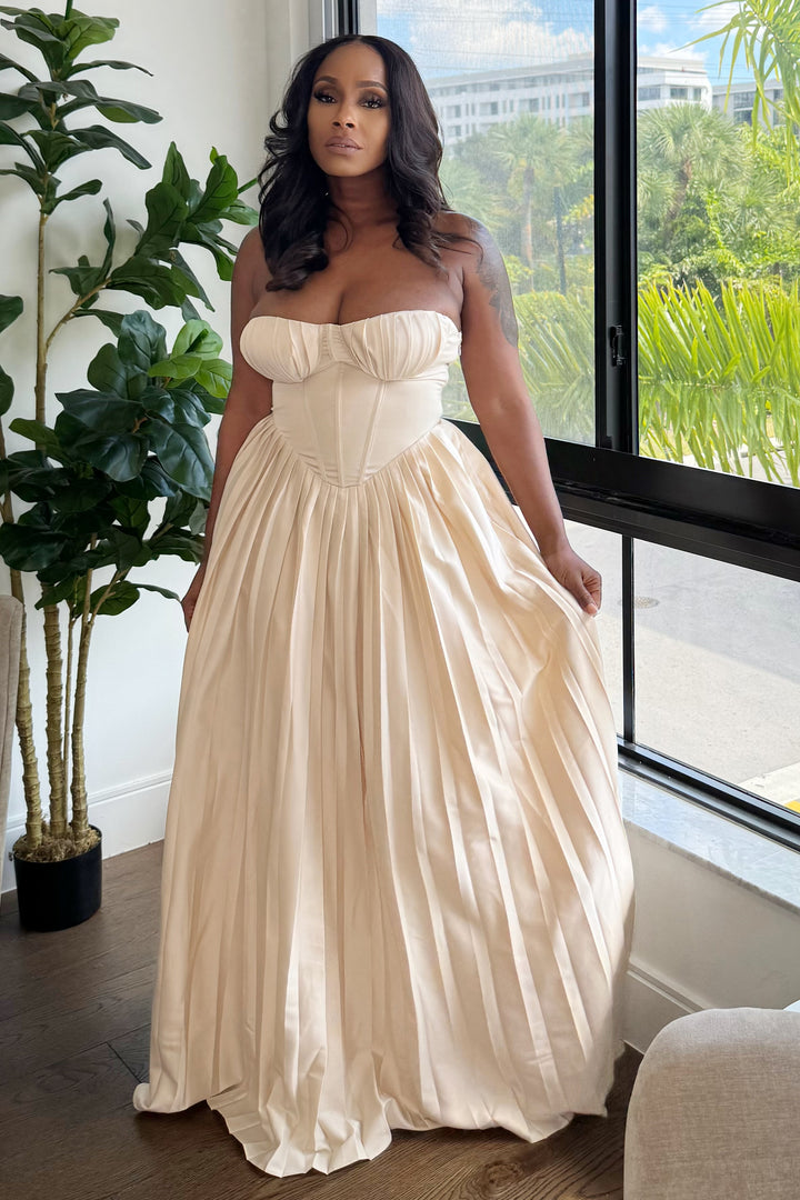 Meet Me In Paris Bustier Pleated Dress (Almond)