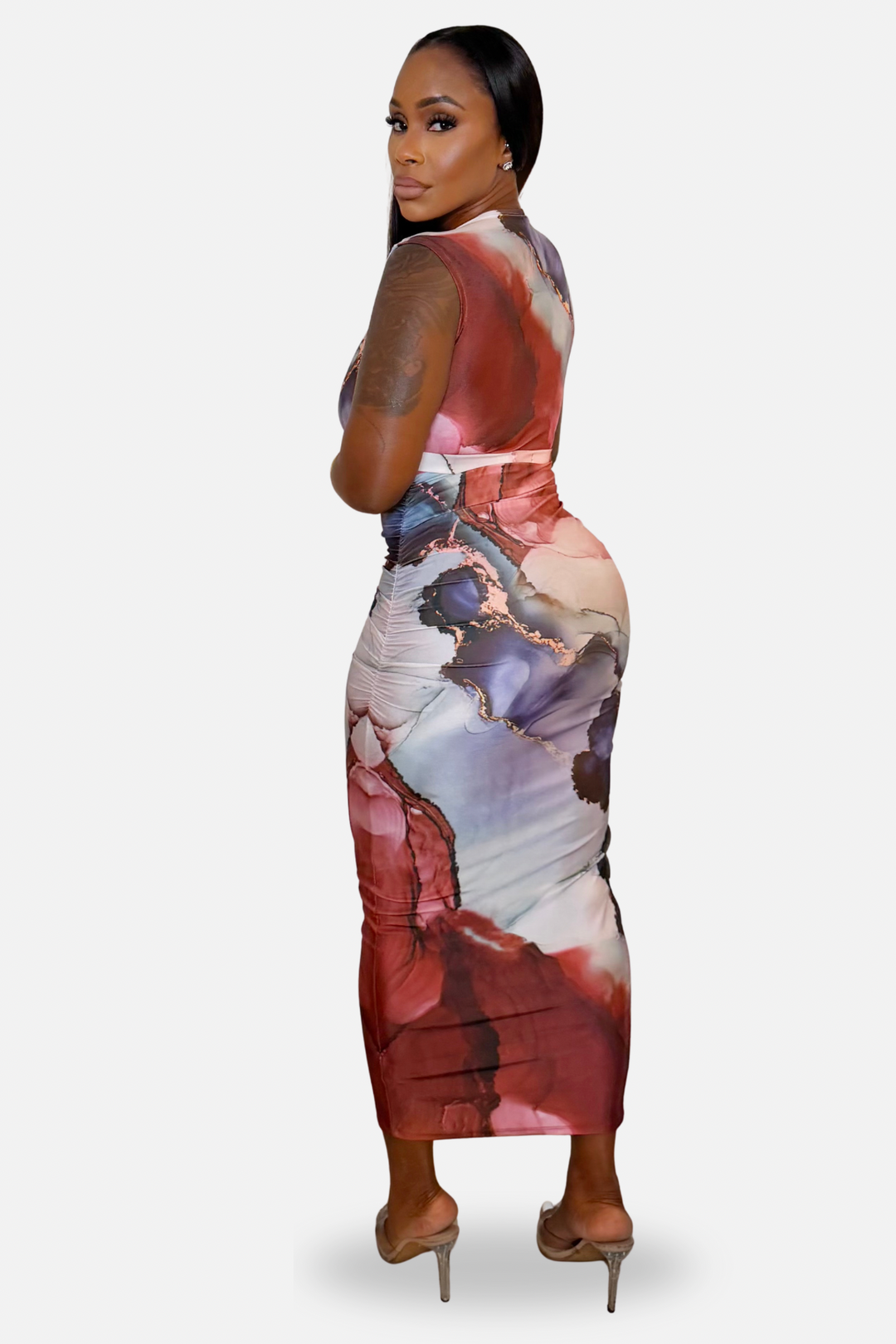 The Aura Printed Ruched Midi Dress[Multi]