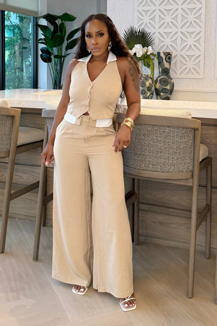 Boss Babe Pin Stripe pant set (Nude & White)