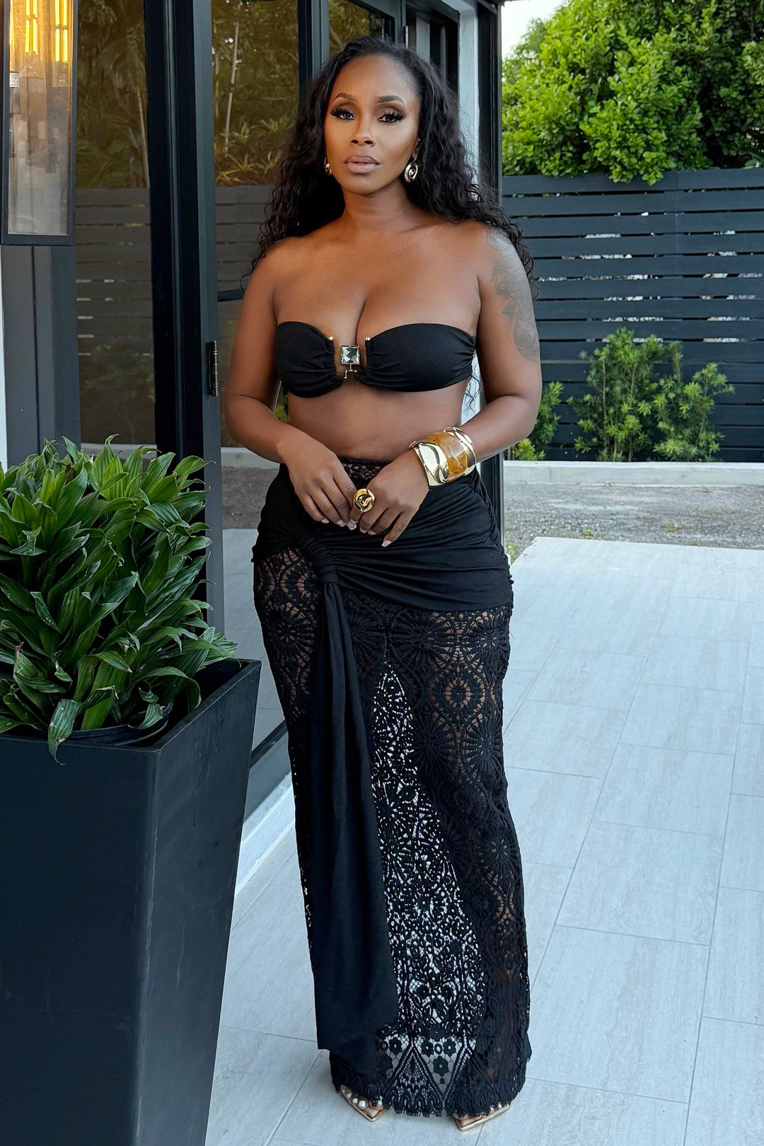 Black Opal Crochet Knit Skirt Set (Black)