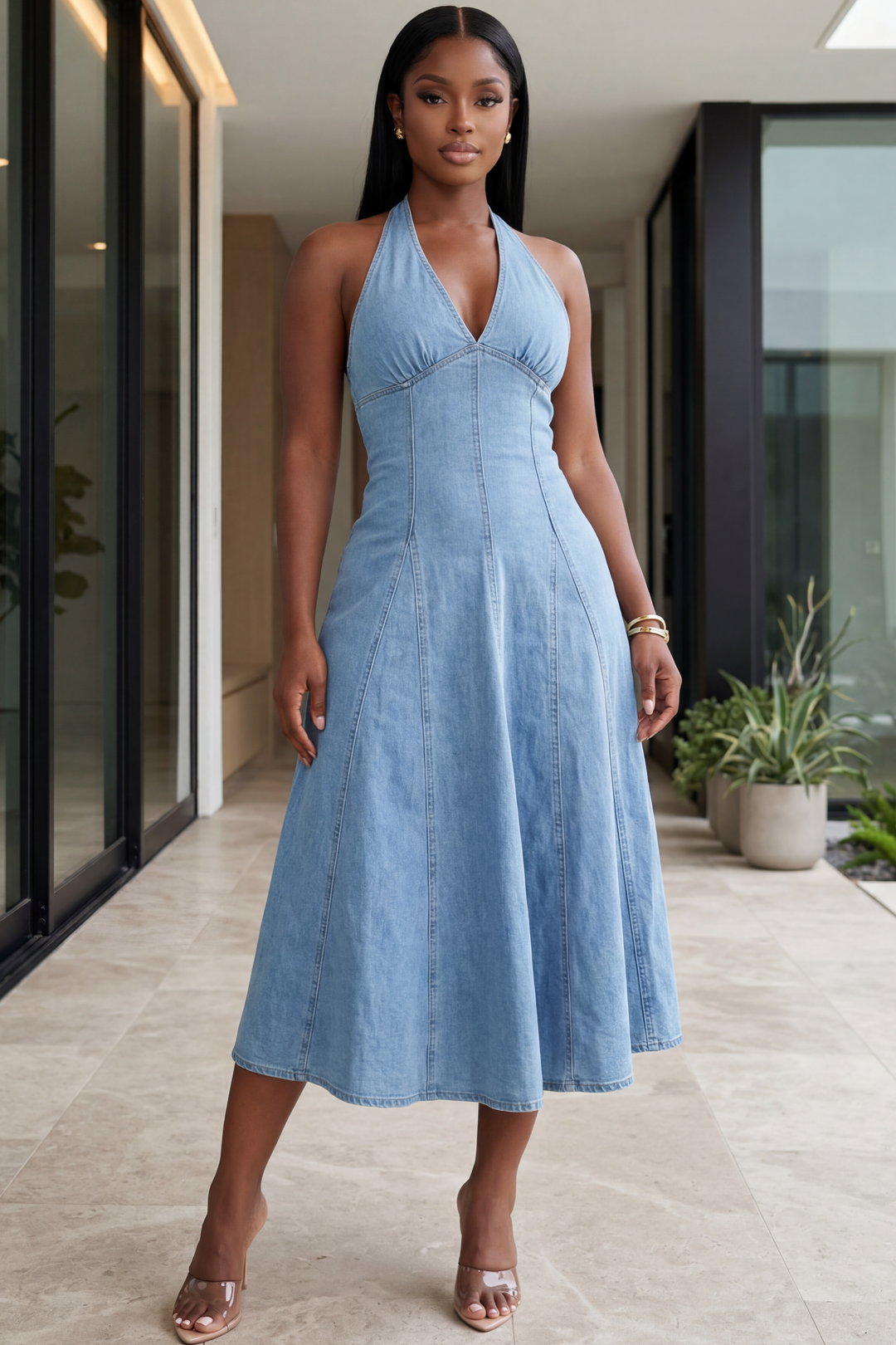 Caroline Denim Halter Midi Dress [Light Wash Polkadotz Boutique Caroline Denim Halter Midi Dress [Light Wash Polkadotz Boutique