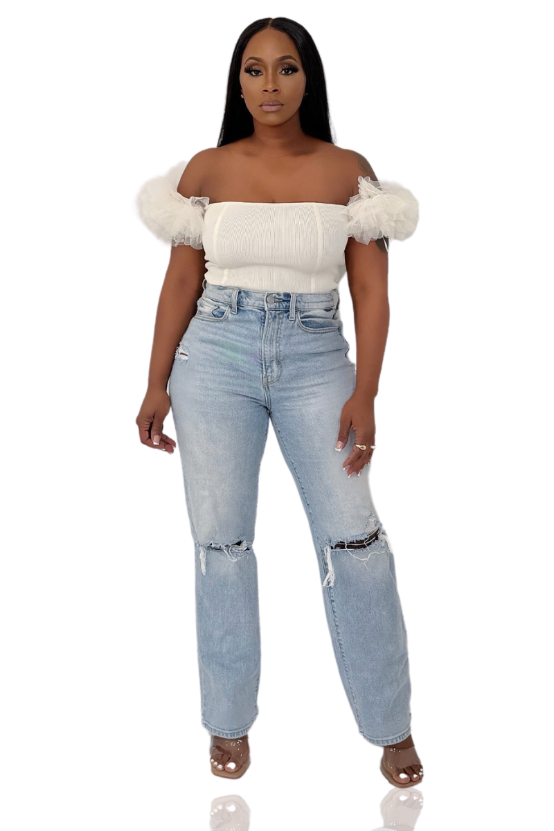 Ribbed & Frill Off The Shoulder Top