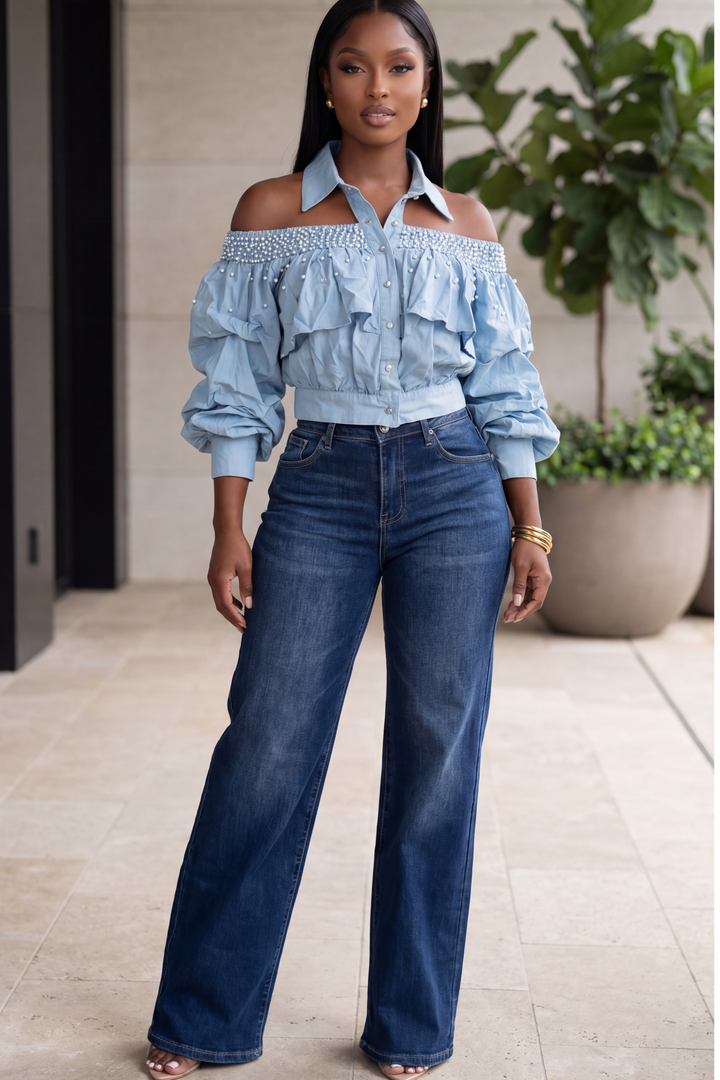 The Isadora Pearl-Encrusted  Top [Blue]