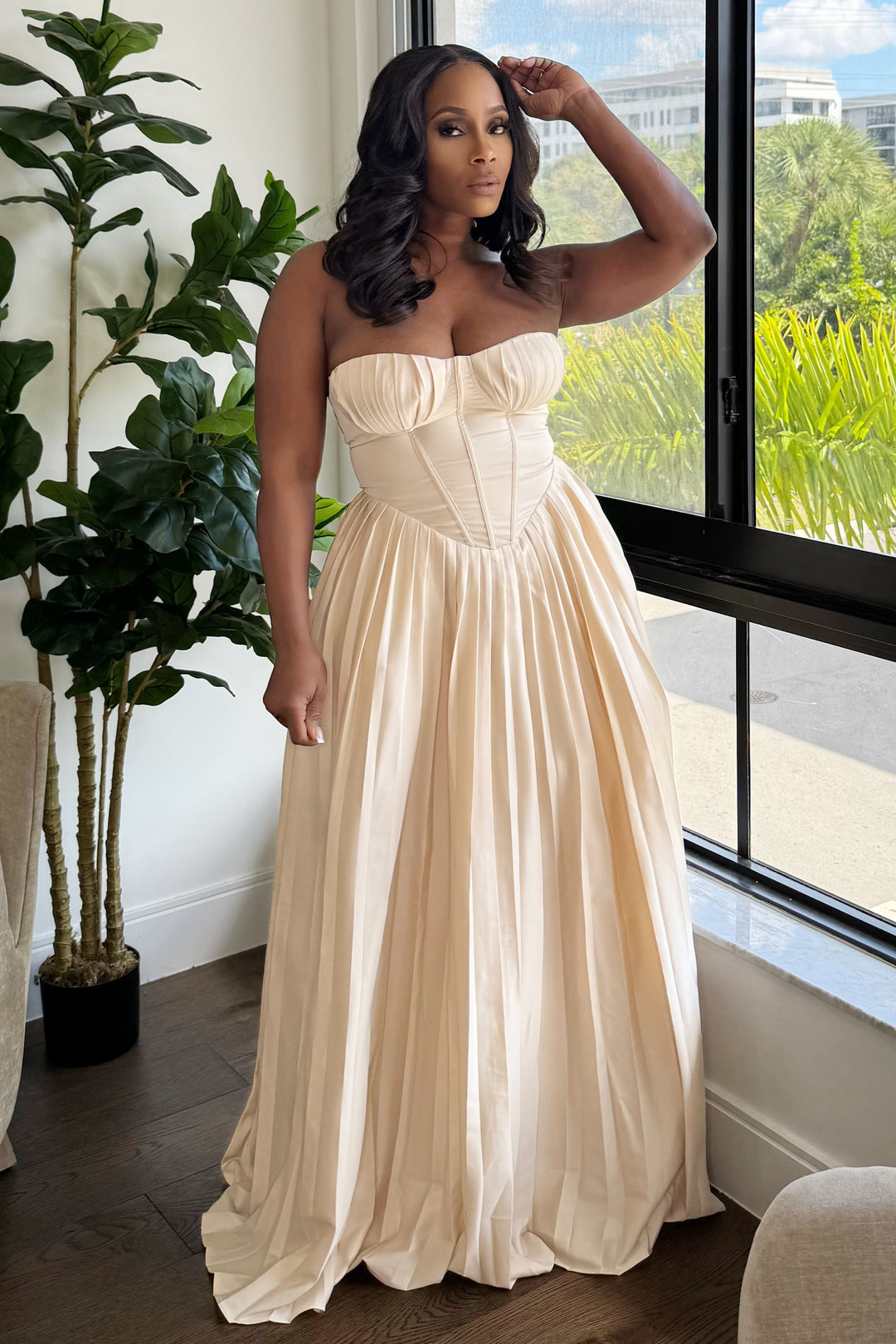 Meet Me In Paris Bustier Pleated Dress (Almond)