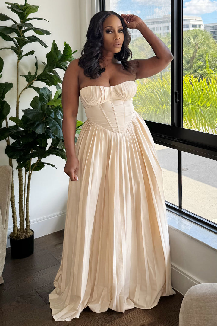 Meet Me In Paris Bustier Pleated Dress (Almond)