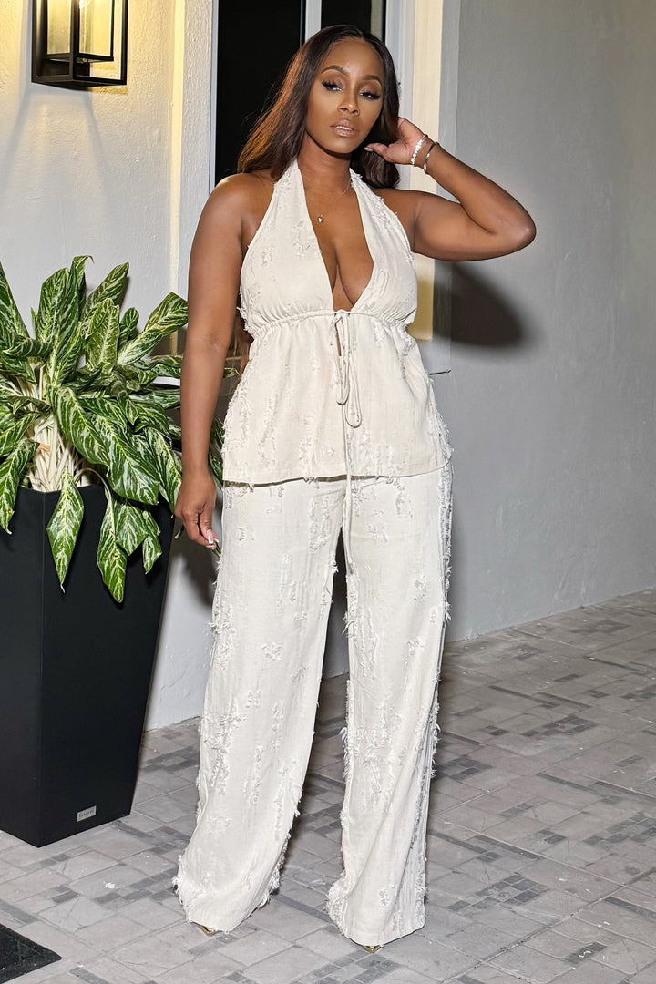 Very Chic Halter Peplum Top & Pant set (Natural)