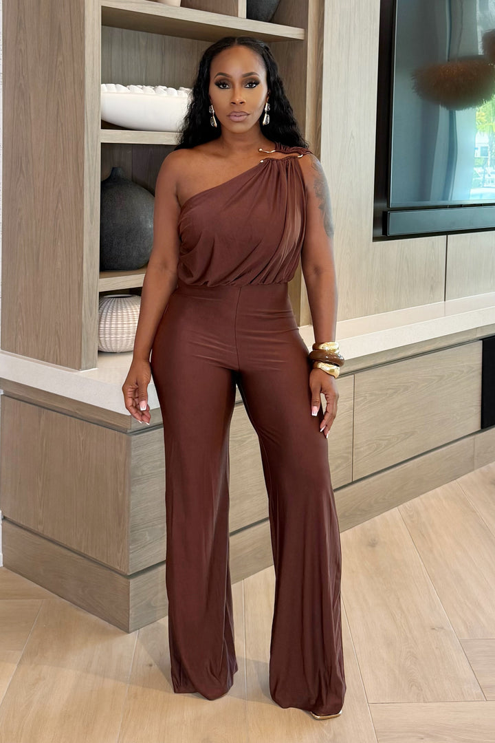 keep Things In Tact One shoulder Jumpsuit (Brown)