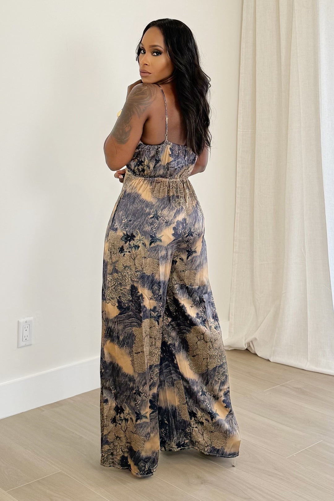 Whimsical Wide Leg Jumpsuit (Navy & Beige)