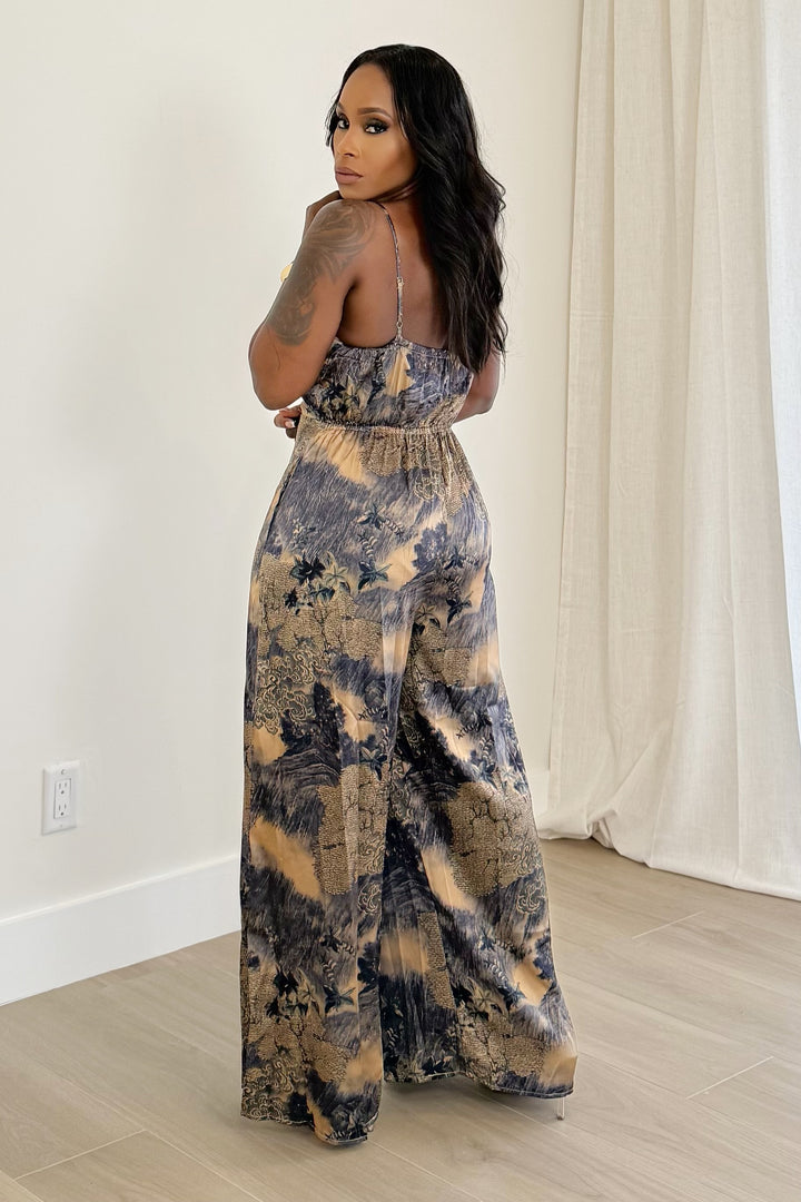 Whimsical Wide Leg Jumpsuit (Navy & Beige)