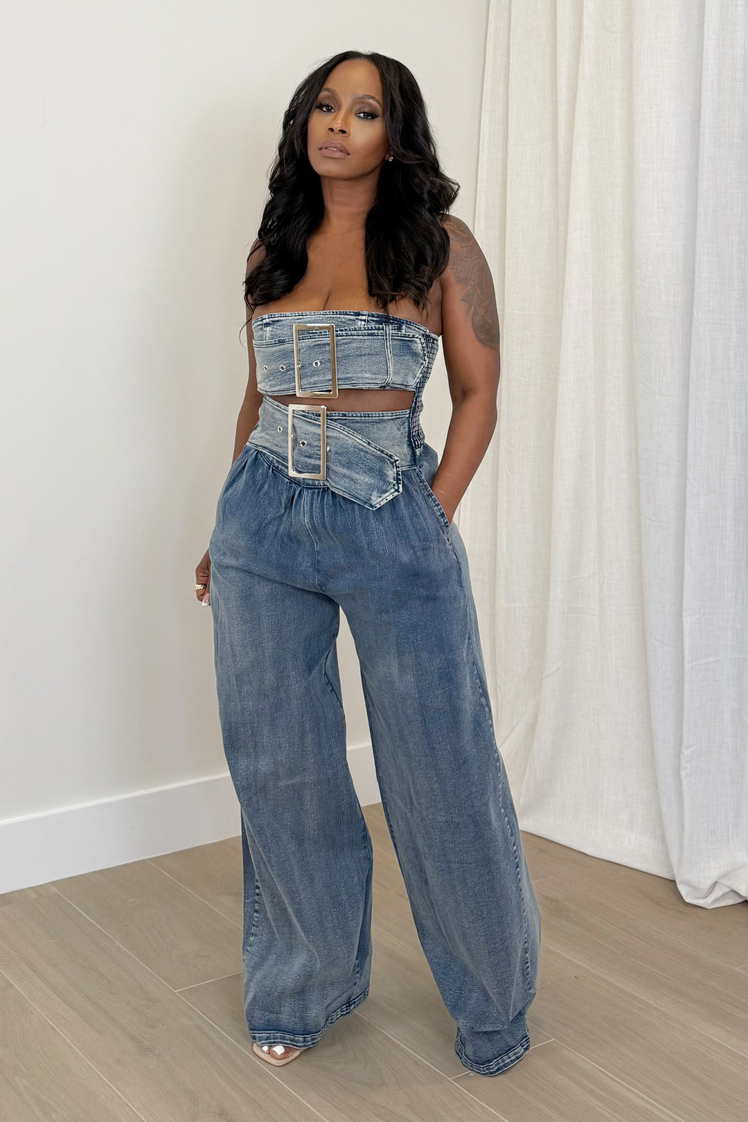 Double Dare Buckle Jumpsuit (Denim)