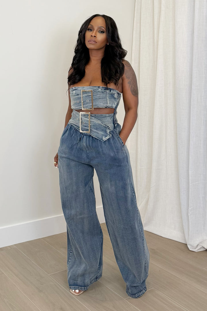 Double Dare Buckle Jumpsuit (Denim)