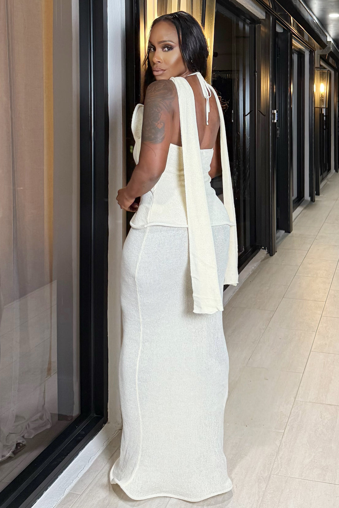 Ruffle halter knit Moxie dress (Ivory)