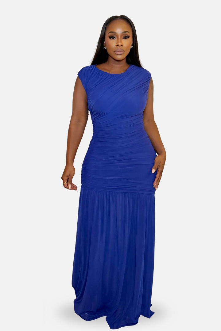 The Royal Sapphire Ruched Maxi Dress [Royal Blue]