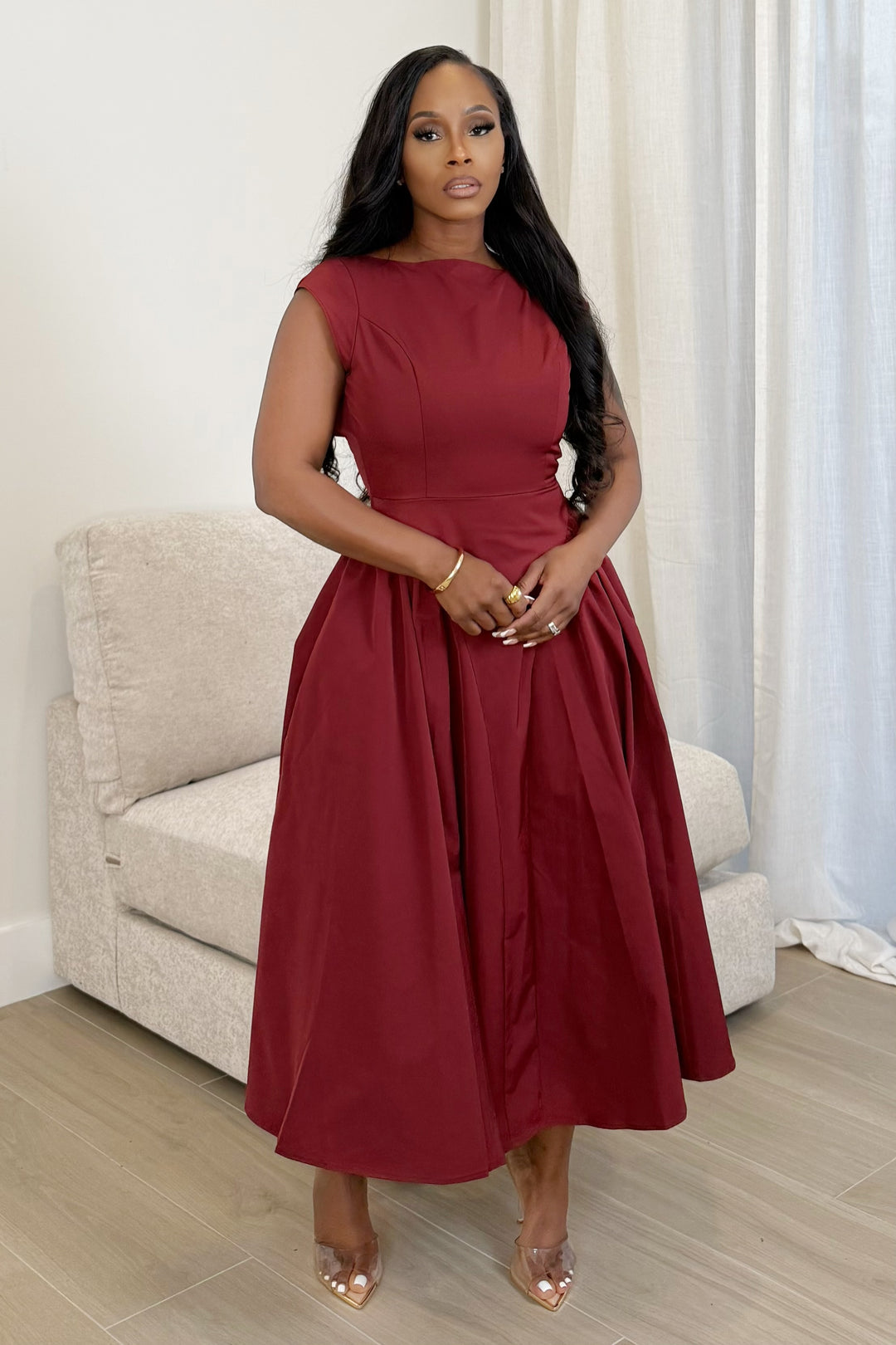 Bordeaux Grace Aline midi dress (Maroon)