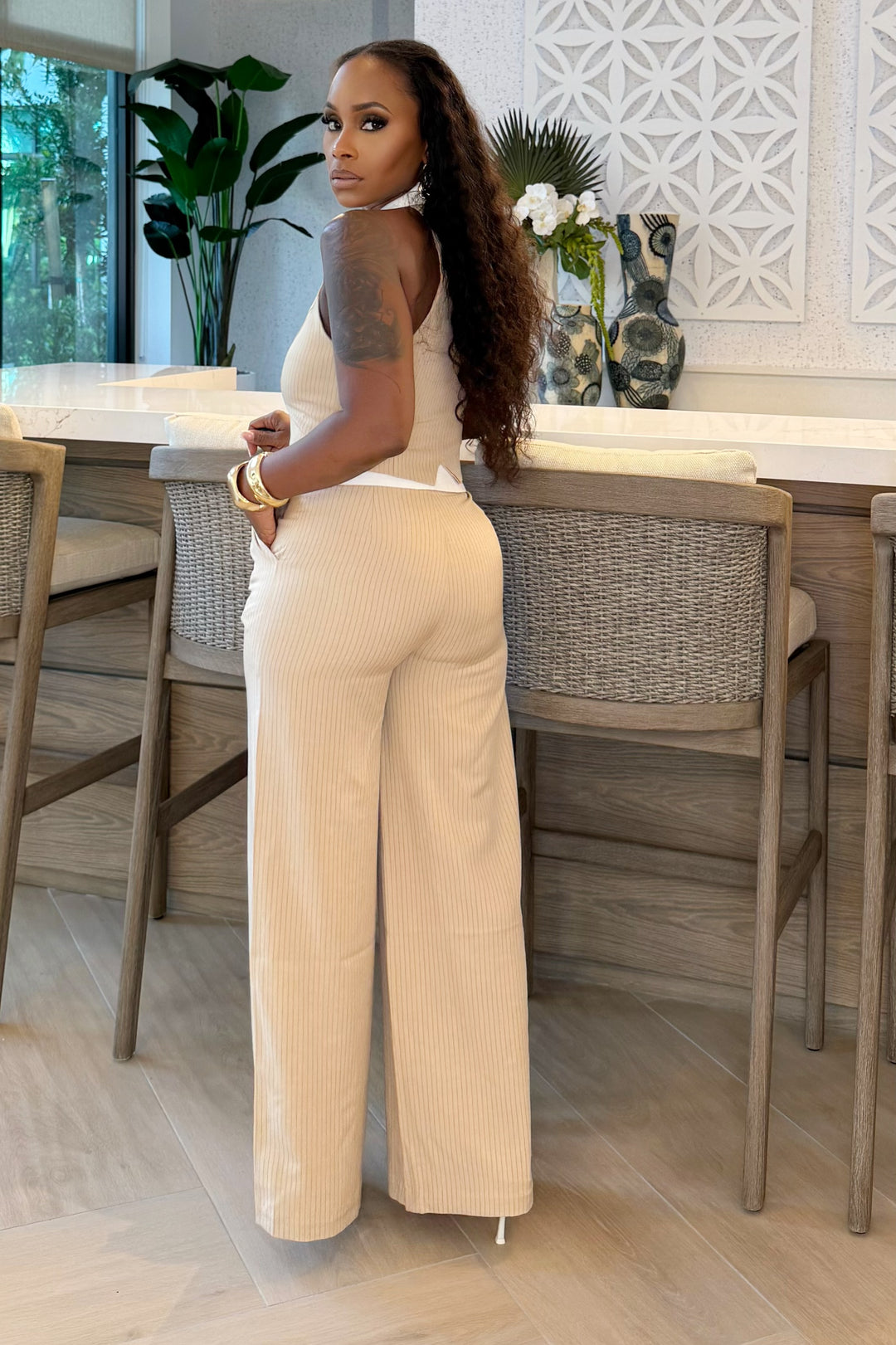 Boss Babe Pin Stripe pant set (Nude & White)