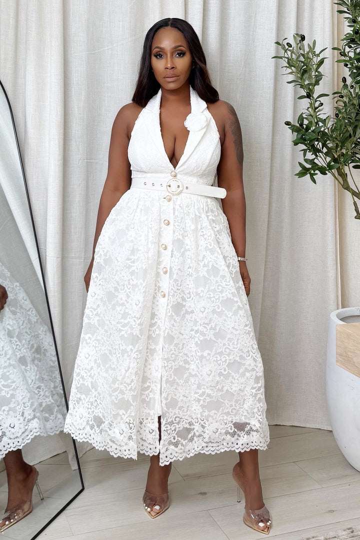 Touch Of Roses Halter Midi Dress (White)