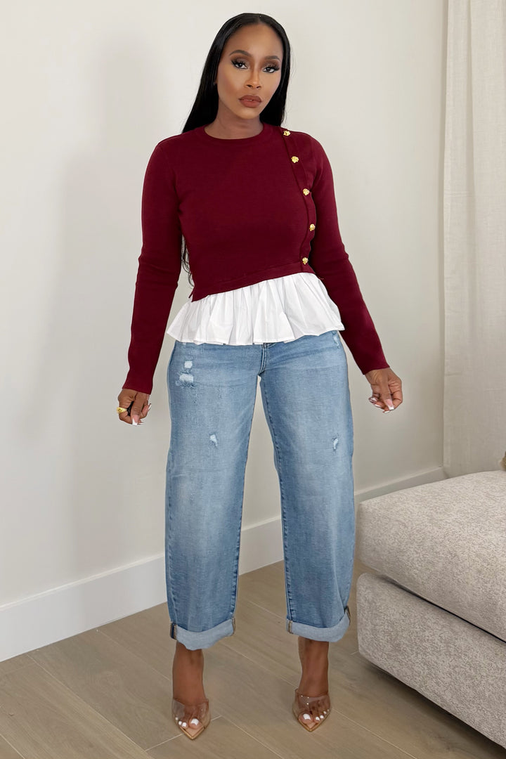 Buttoned Grace Top [Burgundy]